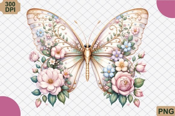Watercolor Floral Butterfly Wedding PNG: Romantic Design for Creators